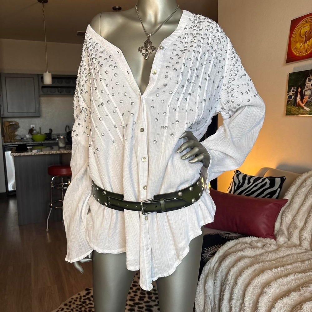 Vintage White Sequin Embellished Cotton Boho Tunic Blouse